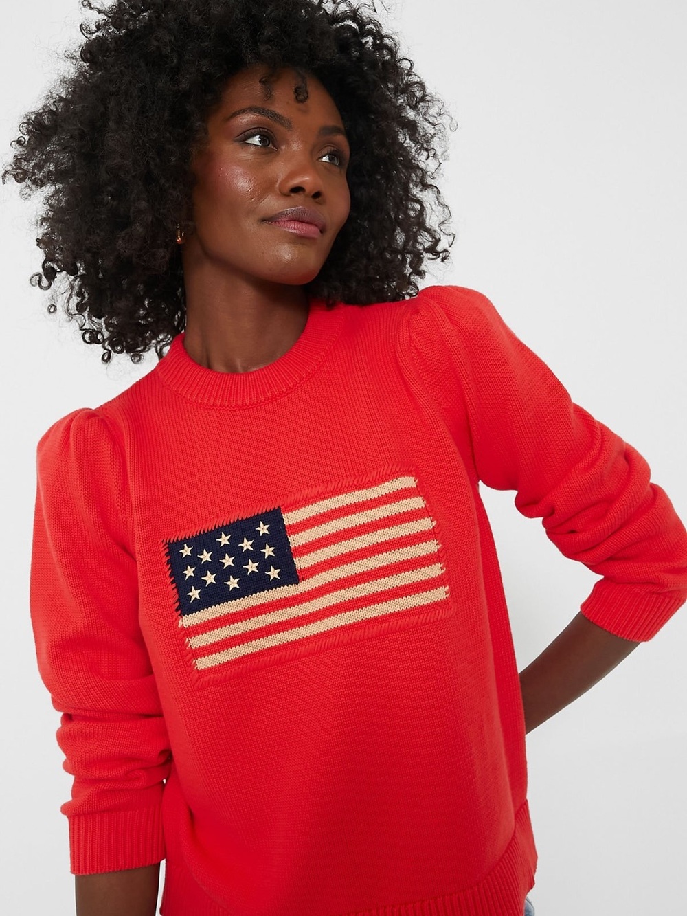 Tuckernuck Red Cropped Puff Sleeve Americana Flag Sweater